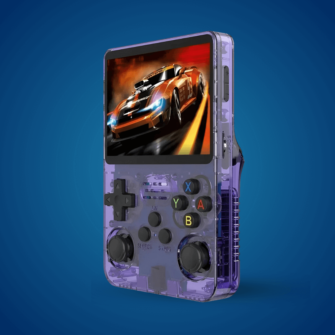2Bluebox Retro Handheld Game Console in transparent purple color, 3.5 inch screen portable handheld retro console with built-in games
