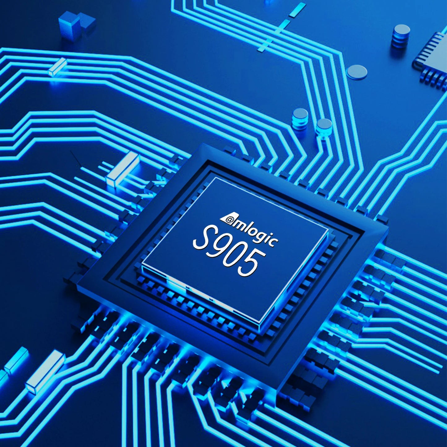 Amlogic S905 chip on a circuit board with blue lighting