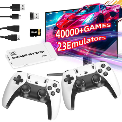 Two white-and-black 2.4GHz wireless retro game controllers, white HDMI game stick, and USB receiver by a TV