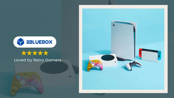 Modern game consoles including PlayStation 5, Xbox Series S and Nintendo Switch with 2Bluebox “Loved by Retro Gamers” badge.