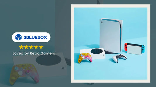 Modern game consoles including PlayStation 5, Xbox Series S and Nintendo Switch with 2Bluebox “Loved by Retro Gamers” badge.
