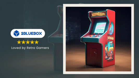 Red retro arcade machine in a dark room with 2Bluebox “Loved by Retro Gamers” badge.
