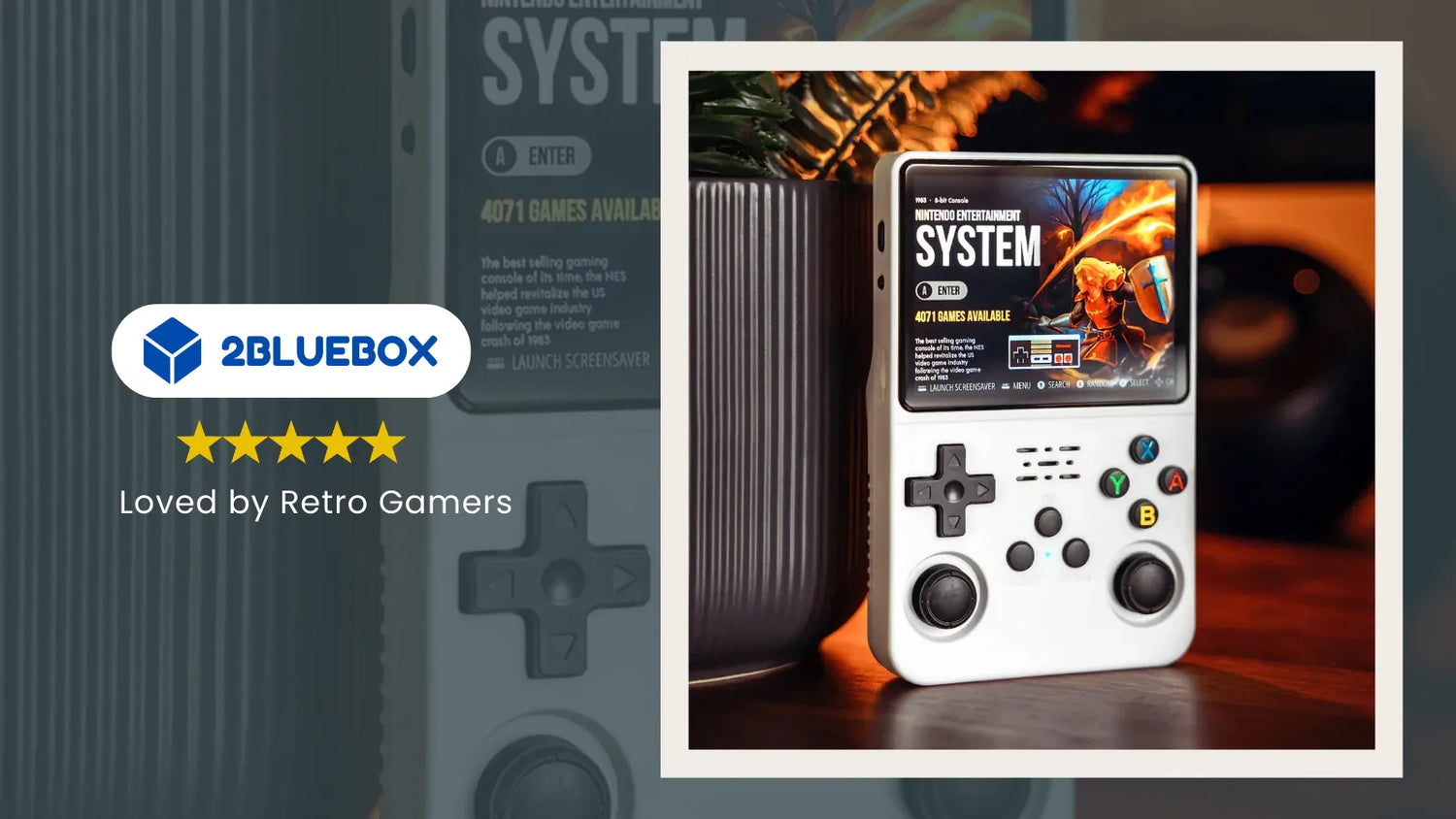 R36S retro handheld game console on a desk with 2Bluebox