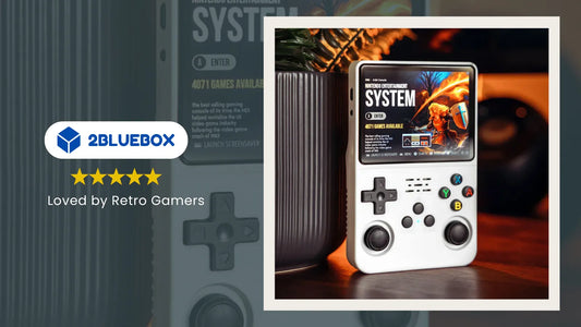 R36S retro handheld game console on a desk with 2Bluebox