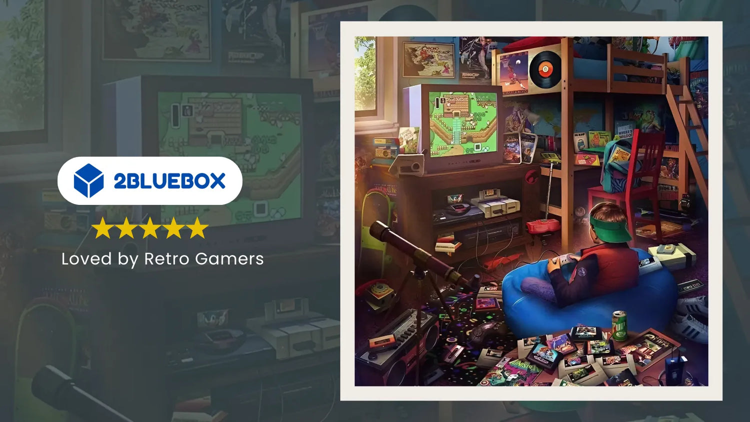 2Bluebox blog banner featuring a retro game console with built-in games list