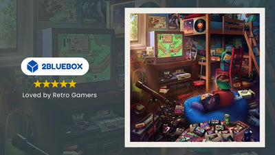2Bluebox blog banner featuring a retro game console with built-in games list