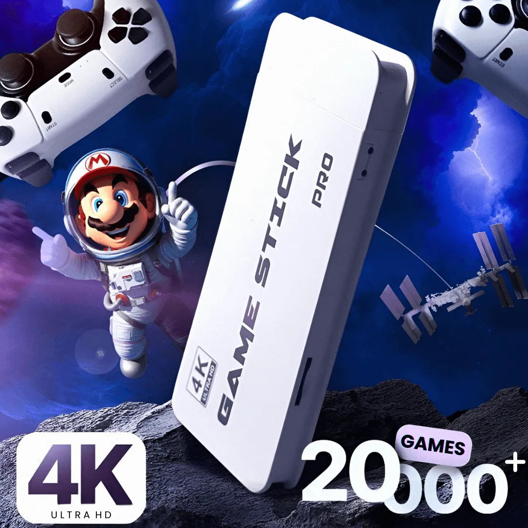 Bench-tested 2BlueBox Retro Game Stick Pro 4K 64GB console with two 2.4GHz wireless controllers and HDMI extender