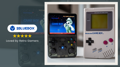 R36S retro handheld console next to the original Nintendo Game Boy, showing the evolution of handheld gaming.
