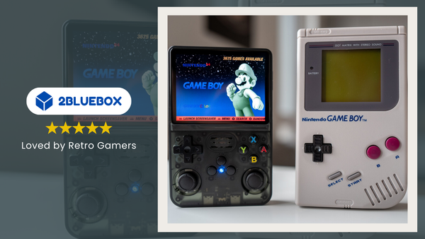 R36S retro handheld console next to the original Nintendo Game Boy, showing the evolution of handheld gaming.