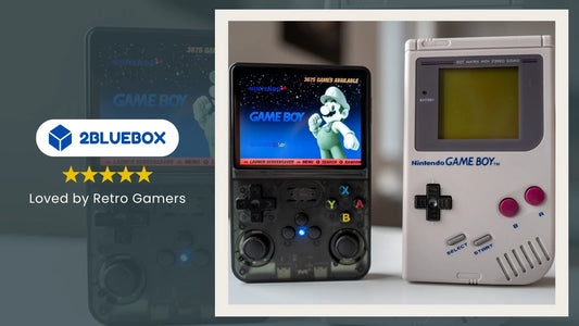 R36S retro handheld console next to the original 1989 Nintendo Game Boy showing the evolution of handheld gaming