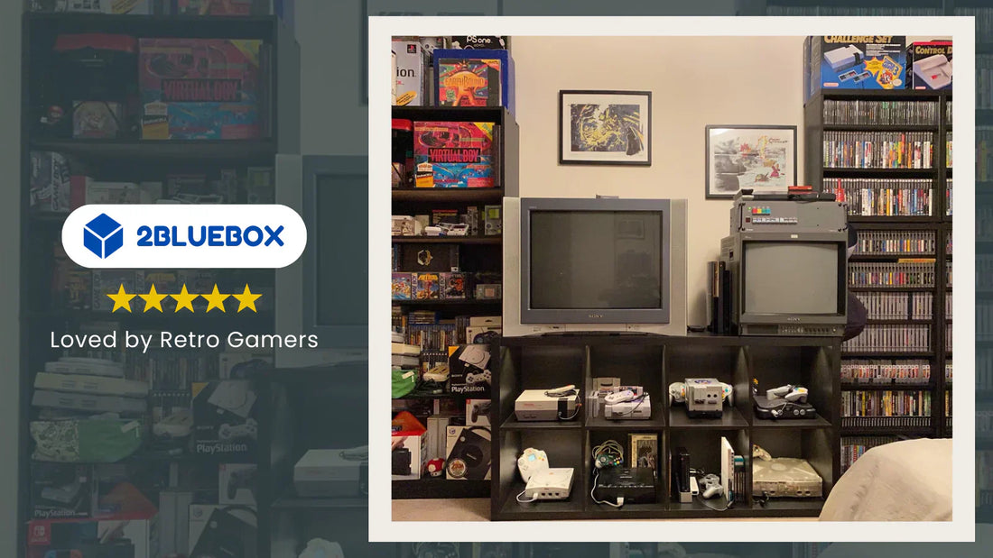 Retro gaming room with CRT TV, classic consoles, and wall-to-wall game collection shelves.
