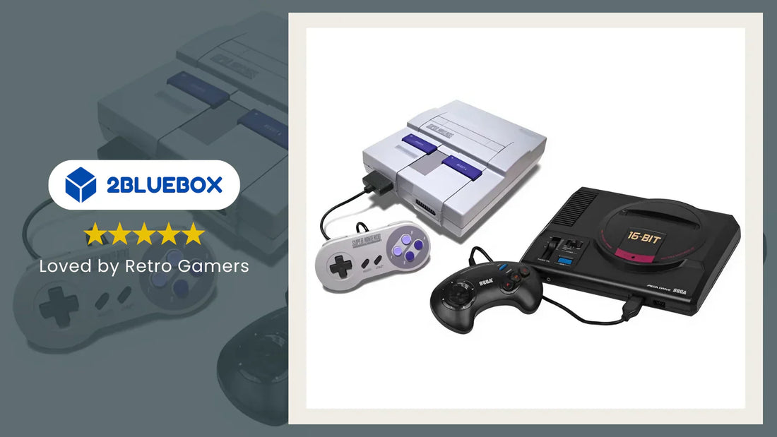 SNES vs Genesis consoles side by side with classic controllers (Super Nintendo vs Sega Mega Drive).