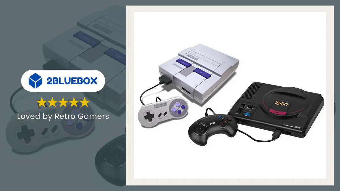 SNES vs Genesis consoles side by side with classic controllers (Super Nintendo vs Sega Mega Drive).