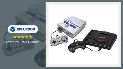 SNES vs Genesis consoles side by side with classic controllers (Super Nintendo vs Sega Mega Drive).