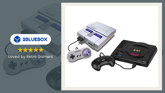 SNES vs Genesis consoles side by side with classic controllers (Super Nintendo vs Sega Mega Drive).