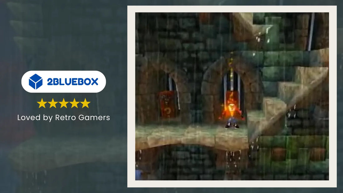 Stormy Ascent “lost level” scene in Crash Bandicoot on PS1, a brutal castle climb with rain-soaked stone platforms.