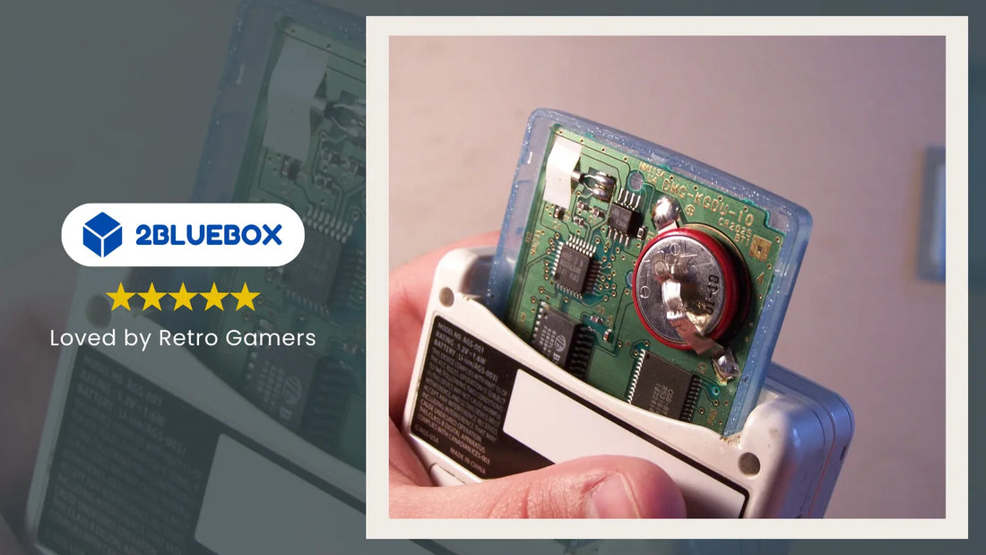 Game Boy cartridge opened showing the coin cell save battery on the PCB – 2Bluebox battery replacement guide