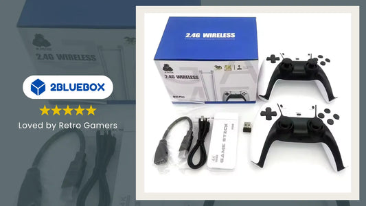 Game Stick Lite 4K kit with two 2.4G wireless controllers, HDMI dongle, USB cables, and receiver.