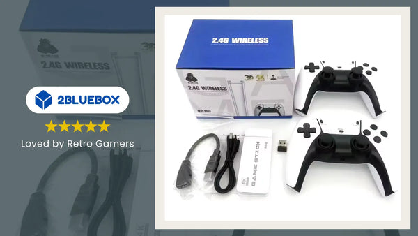 Game Stick Lite 4K kit with two 2.4G wireless controllers, HDMI dongle, USB cables, and receiver.