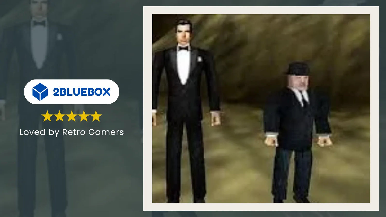 2Bluebox GoldenEye 007 Oddjob cheating banner showing James Bond standing next to the shorter Oddjob character on N64
