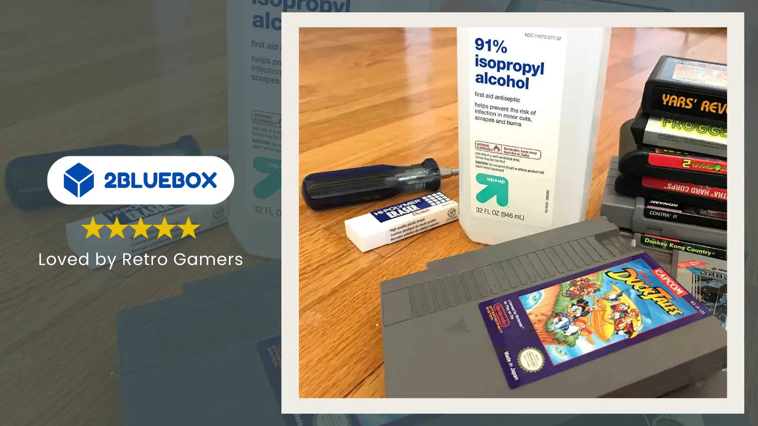 Retro game cartridge cleaning kit with 91% isopropyl alcohol, cotton swabs and classic NES games – 2Bluebox guide