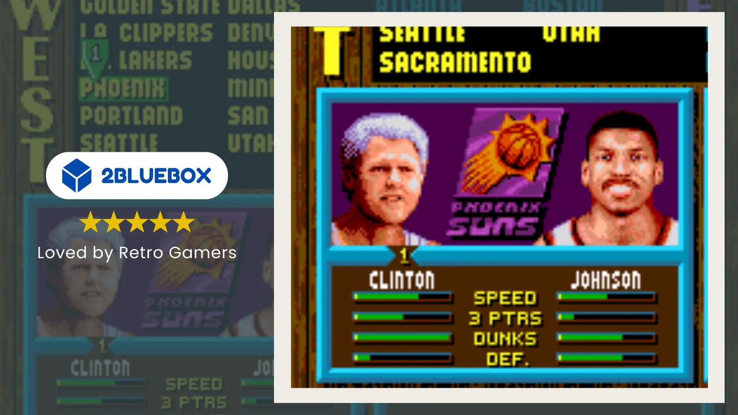 NBA Jam character select screen showing hidden character “Clinton” with “Johnson” on the Phoenix Suns roster (classic 90s arcade UI).