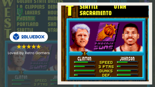 NBA Jam character select screen showing hidden character “Clinton” with “Johnson” on the Phoenix Suns roster (classic 90s arcade UI).