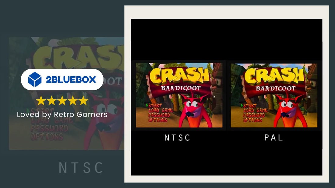 Crash Bandicoot title screen comparison – NTSC vs PAL showing 60Hz vs 50Hz speed difference on retro consoles