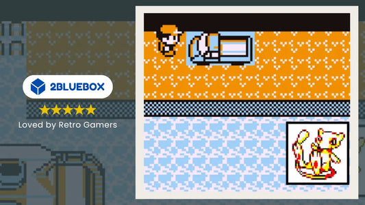 2Bluebox Pokémon Red and Blue Mew under the truck myth banner showing the Vermilion Port truck and a Mew sprite