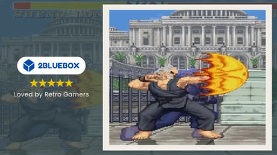 Street Fighter II sprite scene showing a fighter launching a flaming attack in front of a grand building backdrop (classic arcade era).