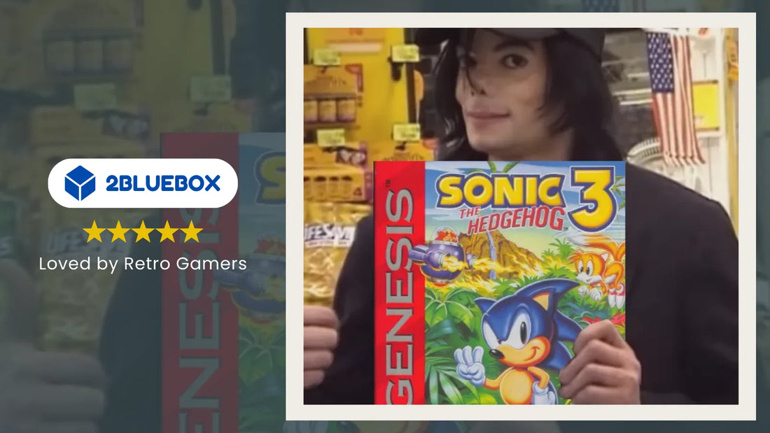 2Bluebox Sonic 3 Michael Jackson music mystery banner with a person holding the Sonic the Hedgehog 3 Sega Genesis game box