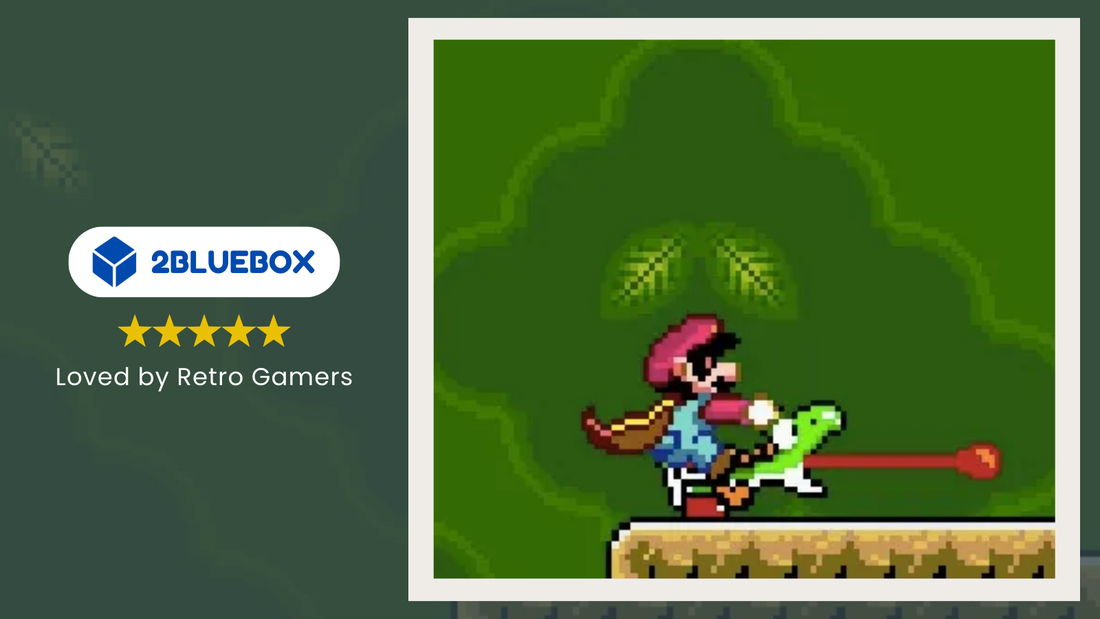 2Bluebox Super Mario World secrets banner showing Mario riding Yoshi and using his tongue attack