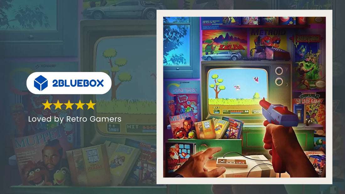 Retro arcade game console setup with CRT TV, light gun and classic game boxes in a 2Bluebox living room scene.