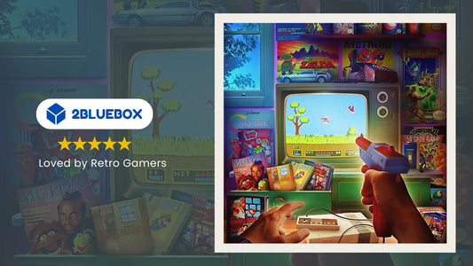 Retro arcade game console setup with CRT TV, light gun and classic game boxes in a 2Bluebox living room scene.