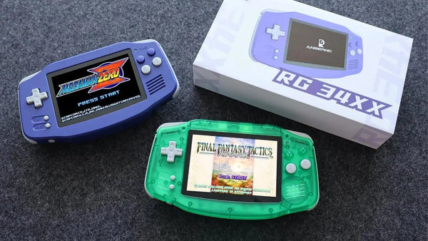 Side-by-side comparison of the horizontal 3:2 Anbernic RG34XX GBA replica and the vertical 4:3 2Bluebox R36S handheld console