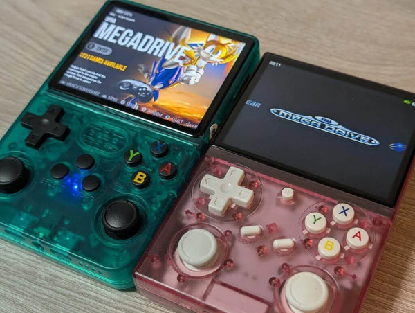 Side-by-side comparison of the R36S handheld console with the BatleXP G350 and Anbernic RG35XX