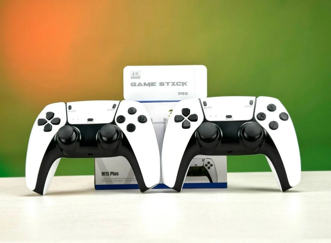 M15 Plus 4K Game Stick Pro retail box with two white 2.4GHz wireless controllers sold by Boltz and Ventari