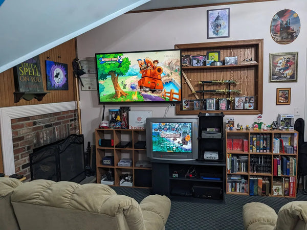 Two players enjoying classic arcade games on a living room 4K TV with wireless controllers