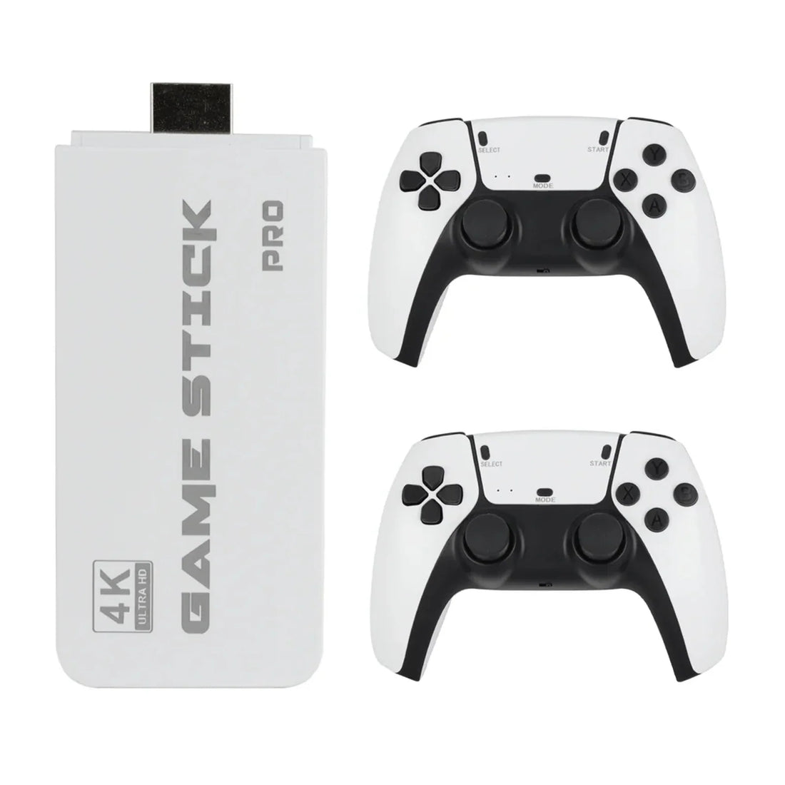 White 2Bluebox Retro Game Stick 4K Pro and two white-and-black wireless controllers