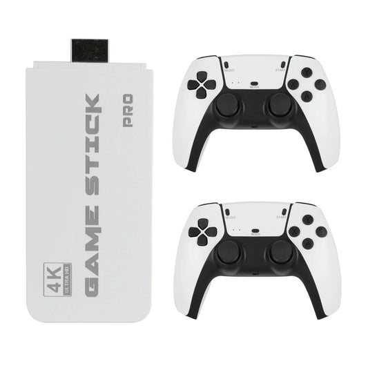 White 2Bluebox Retro Game Stick 4K Pro and two white-and-black wireless controllers