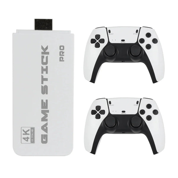 White 2Bluebox Retro Game Stick 4K Pro and two white-and-black wireless controllers