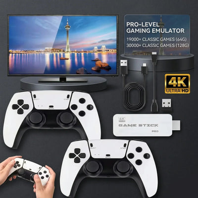 White 2Bluebox Retro Game Stick 4K Pro with two white PS5-style wireless controllers in front of a living-room television