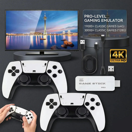 White 2Bluebox Retro Game Stick 4K Pro with two white PS5-style wireless controllers in front of a living-room television