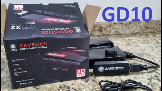 GD10 Game Stick 4K review comparison showing an HDMI emulation dongle, wireless controllers, and microSD card