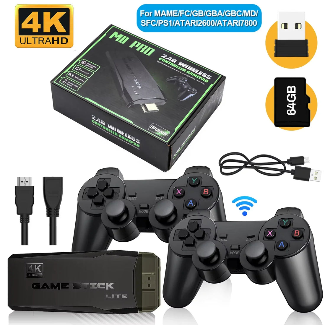 Game Stick M8 review comparison showing the white 2Bluebox HDMI console, two wireless controllers, and 64GB card