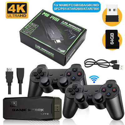 Game Stick M8 review comparison showing the white 2Bluebox HDMI console, two wireless controllers, and 64GB card