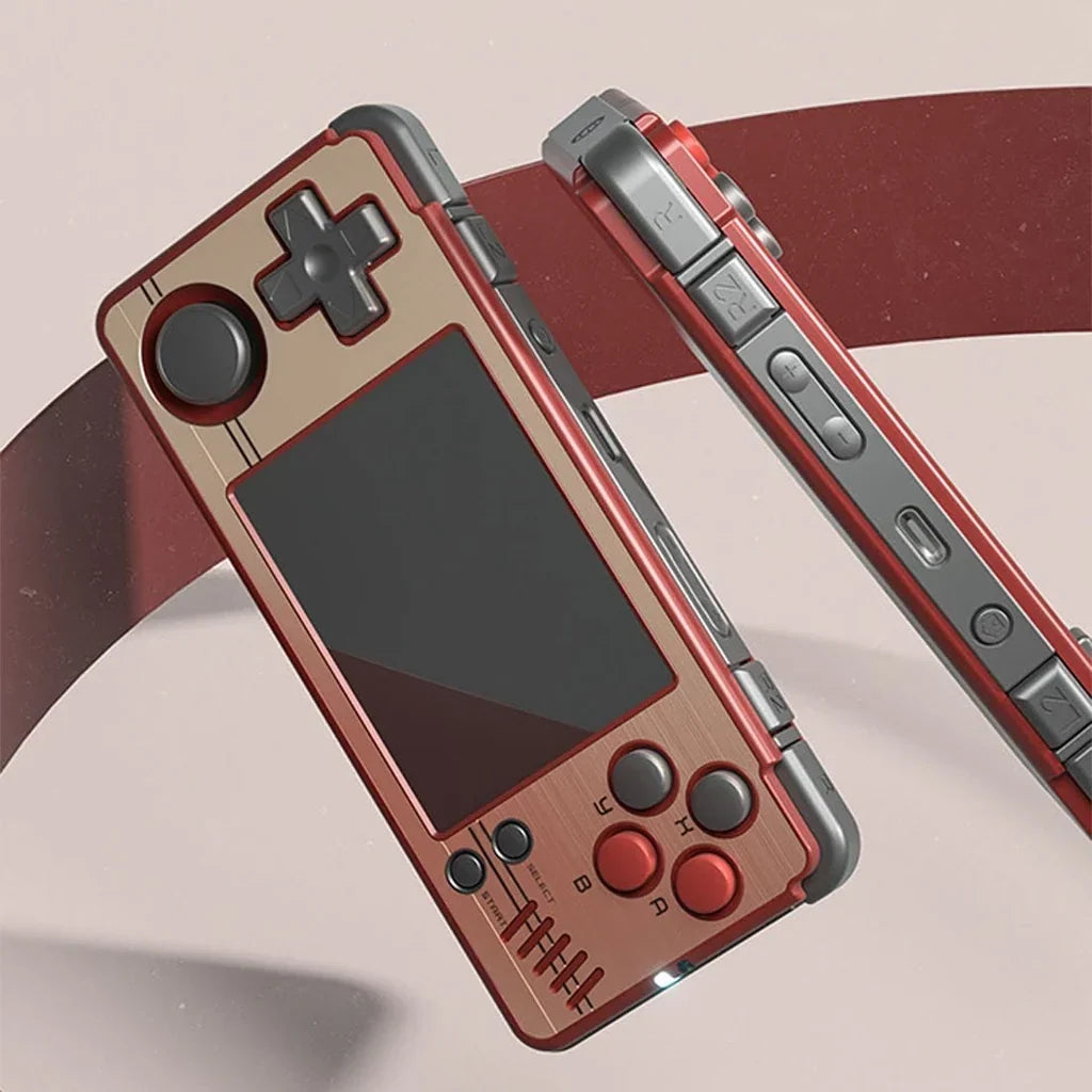 Side-by-side comparison of the micro 2.8-inch Miyoo A30 horizontal handheld and the 3.5-inch vertical 2Bluebox R36S console
