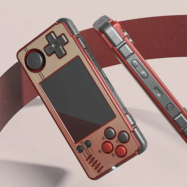Side-by-side comparison of the micro 2.8-inch Miyoo A30 horizontal handheld and the 3.5-inch vertical 2Bluebox R36S console