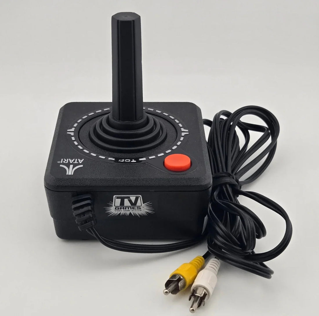 Vintage Jakks Pacific Atari 10-in-1 and Namco plug and play TV game joysticks with yellow and white composite RCA cables