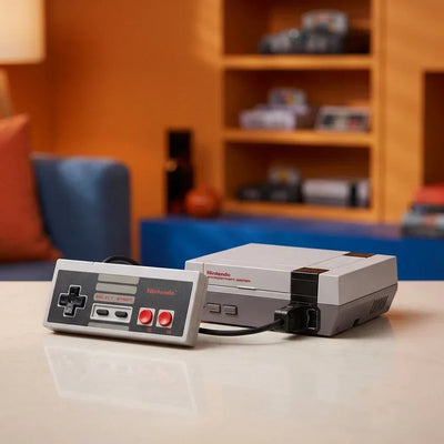 1985 Nintendo NES-001 and 2016 NES Classic Mini CLV-001 next to a 4K HDMI wireless controller setup